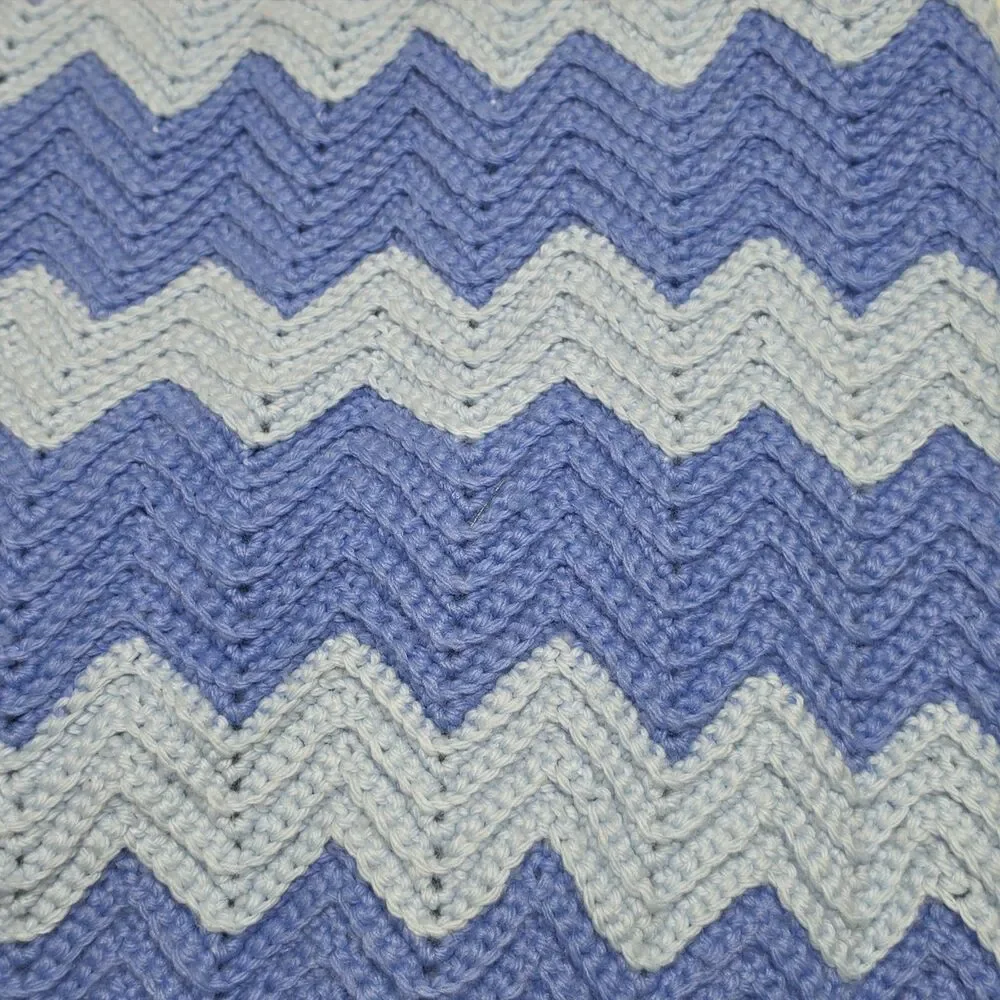 Vintage Wool Crochet Chevron Afghan Blanket 58x38” Blue Indigo Waves Retro Throw